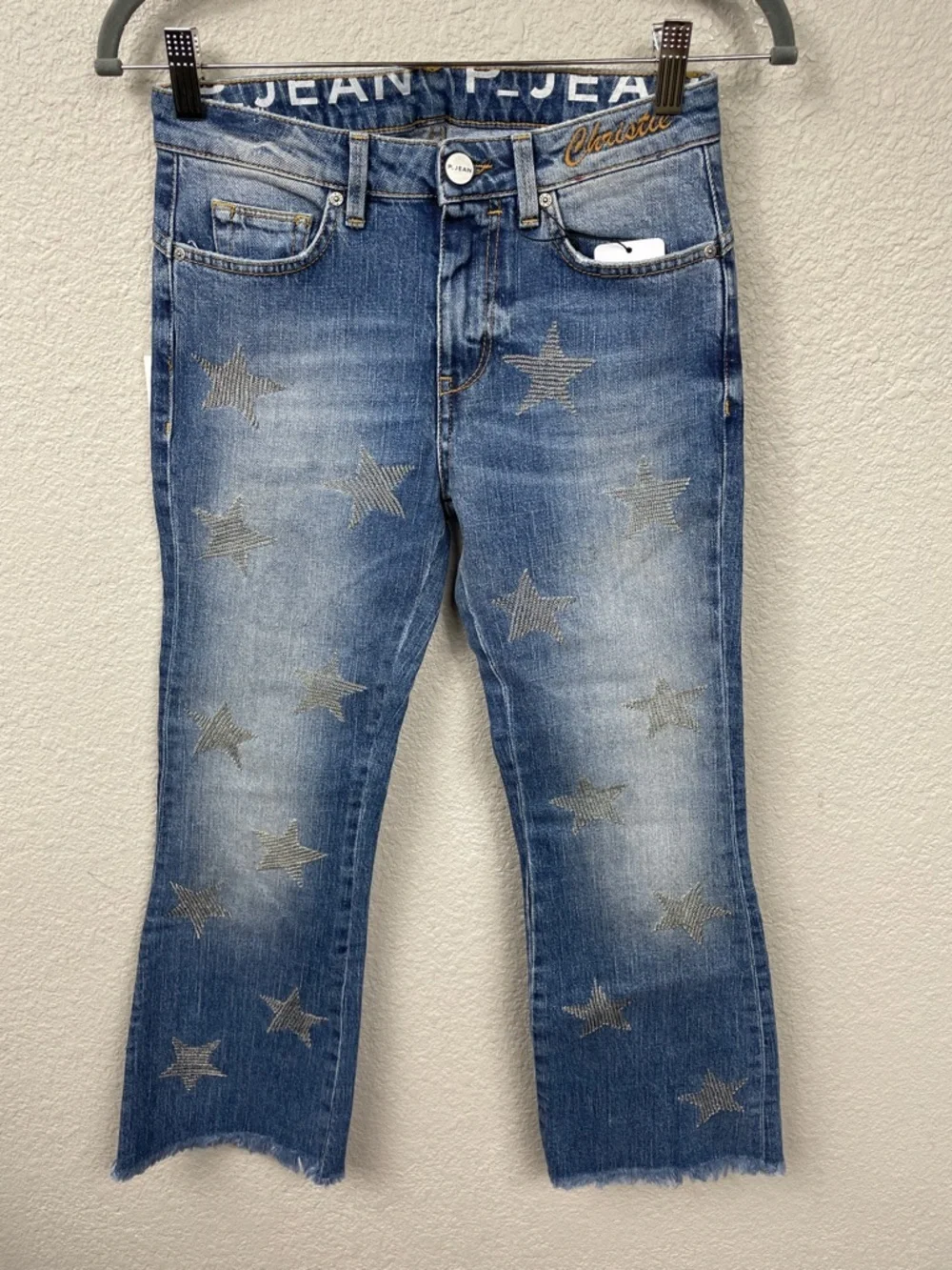 NWT P Jean Christie Celestial Chain Star Kick Crop Flare Jeans Sz 26